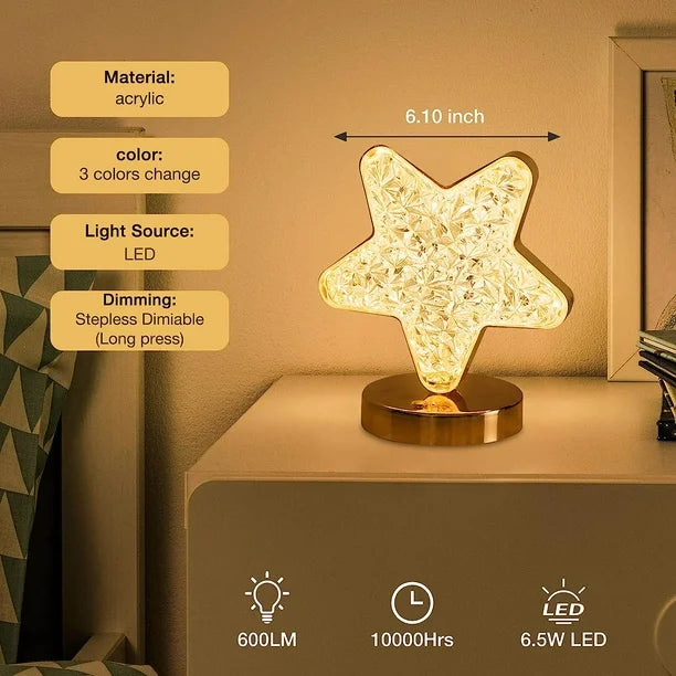 Crystal Lamp Star Shape, Touch Lamps for Bedrooms with 3 Colors,Kids Living Decorations